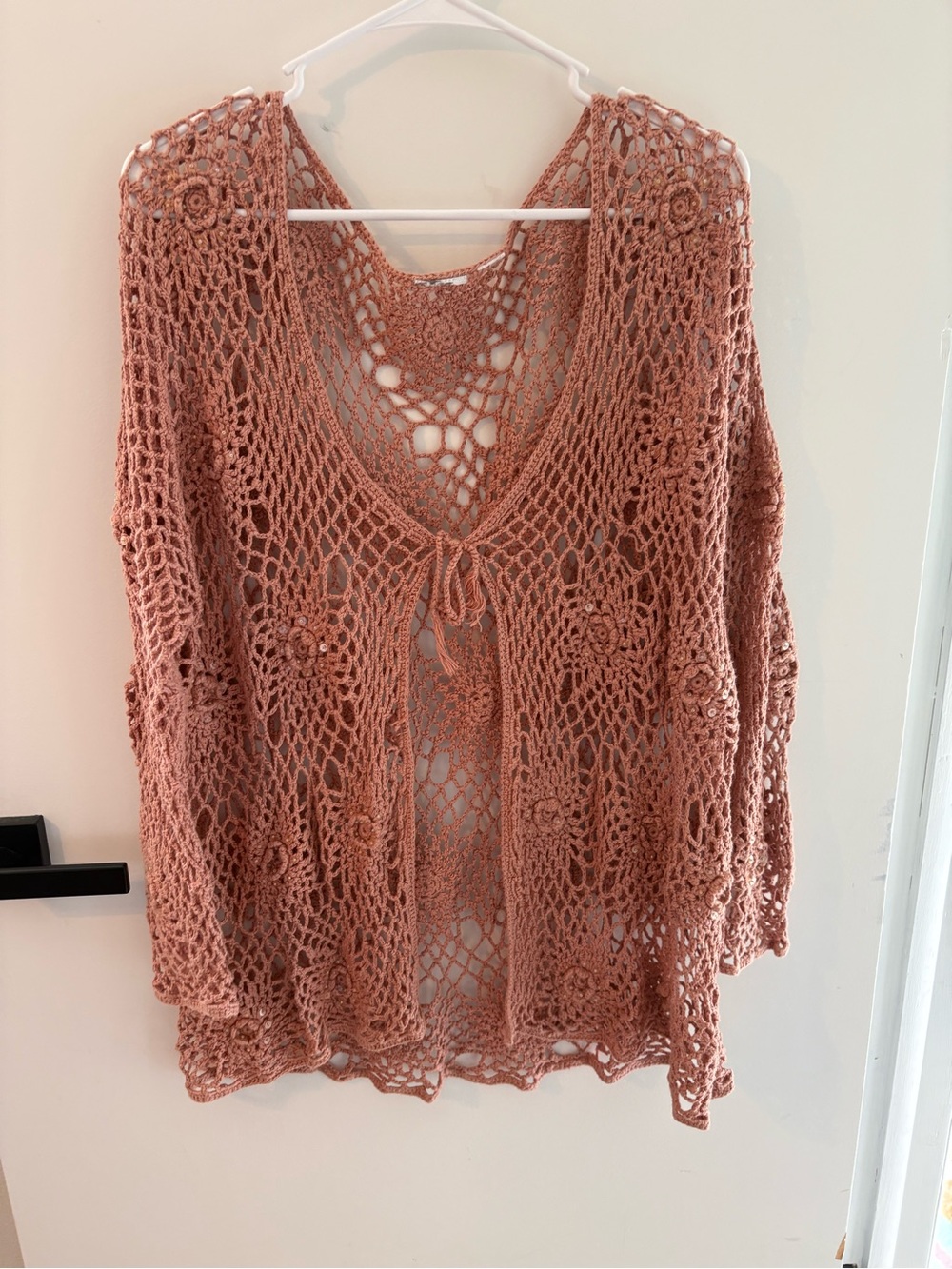 Boho Crochet Floral Cardigan Dusty Rose Pink Open Front Tie Beaded Festival